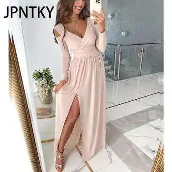 JPNTKY Женская мода осень-зима однотонный принт длинный рукав V-образный вырез повседневные платья S красный