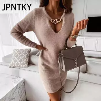 JPNTKY Женская мода осень-зима однотонный принт длинный рукав V-образный вырез повседневные платья S хаки