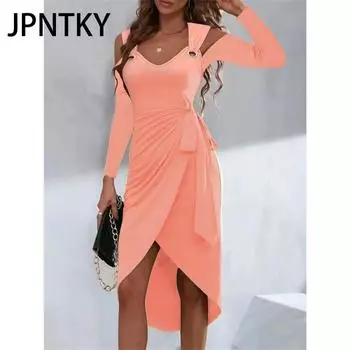 JPNTKY Женская мода осень-зима однотонный принт длинный рукав V-образный вырез повседневные платья S чёрный