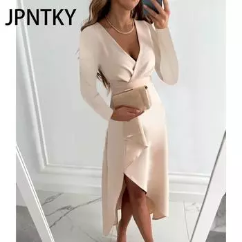 JPNTKY Женская мода осень-зима однотонный принт длинный рукав V-образный вырез повседневные платья S красный