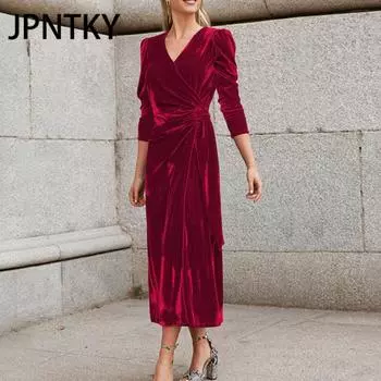 JPNTKY Женская мода осень-зима однотонный принт длинный рукав V-образный вырез высокая талия повседневные платья S чёрный