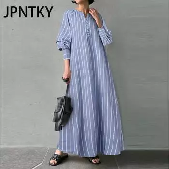 JPNTKY Женская мода осень-зима полосатый принт длинный рукав V-образный вырез повседневные платья S чёрный