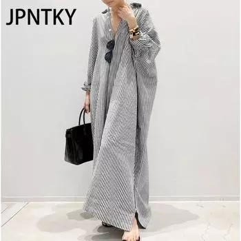 JPNTKY Женская мода осень-зима полосатый принт длинный рукав поло-воротник повседневные платья S серый