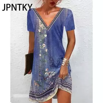 JPNTKY Женская мода осень-зима цветочный принт длинный рукав V-образный вырез повседневные платья S синий