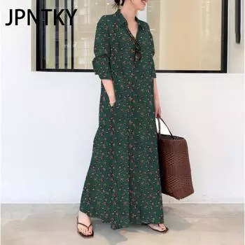 JPNTKY Женская мода осень-зима с цветочным принтом, повседневные платья с длинным рукавом и воротником-поло S красный