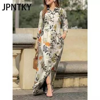 JPNTKY Женская мода осень-зима с цветочным принтом, повседневные платья с длинным рукавом и воротником-поло S розовый