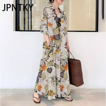 JPNTKY Женская мода осень-зима с цветочным принтом, повседневные платья с длинным рукавом и воротником-поло S белый