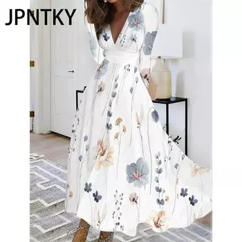 JPNTKY Женская мода осень-зима цветочный принт длинный рукав V-образный вырез повседневные платья S