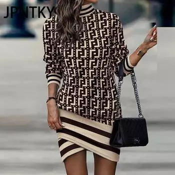 JPNTKY Женская мода осень-зима с длинным рукавом и высоким воротом повседневные платья S