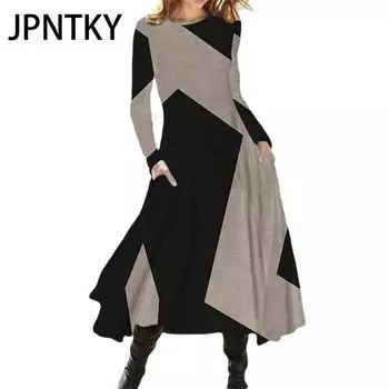JPNTKY Женская мода осень-зима с длинным рукавом и круглым вырезом повседневные платья S