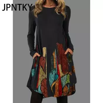 JPNTKY Женская мода осень-зима с длинным рукавом и круглым вырезом повседневные платья S