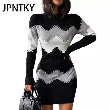 JPNTKY Женская мода осень-зима с длинным рукавом и круглым вырезом с высокой талией повседневные платья S розовый