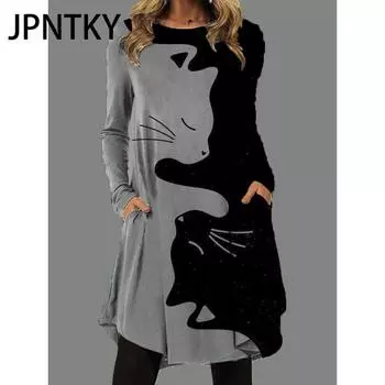 JPNTKY Женская мода осень-зима с длинным рукавом и круглым вырезом повседневные платья S