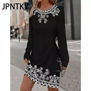 JPNTKY Женская мода осень-зима с длинным рукавом и круглым вырезом повседневные платья S чёрный