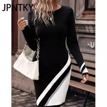 JPNTKY Женская мода осень-зима с длинным рукавом и круглым вырезом повседневные платья S чёрный