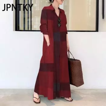JPNTKY Женская мода осень-зима с длинным рукавом и воротником-поло повседневные платья S красный