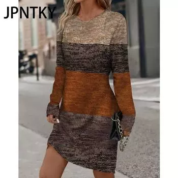 JPNTKY Женская мода осень-зима с длинным рукавом и круглым вырезом повседневные платья S коричневый