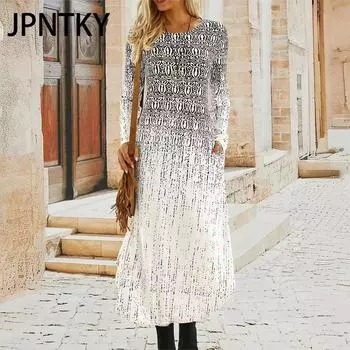 JPNTKY Женская мода осень-зима с длинным рукавом и круглым вырезом с высокой талией повседневные платья S