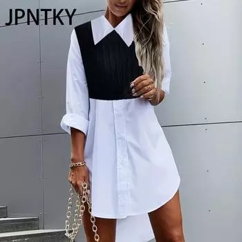 JPNTKY Женская мода осень-зима с длинным рукавом и воротником-поло повседневные платья S белый