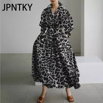 JPNTKY Женская мода осень-зима с длинным рукавом и леопардовым принтом, повседневные платья с воротником-поло S жёлтый