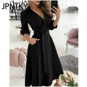 JPNTKY Женская мода осень-зима с длинным рукавом и V-образным вырезом повседневные платья S хаки