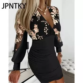 JPNTKY Женская мода осень-зима с длинным рукавом и V-образным вырезом повседневные платья S