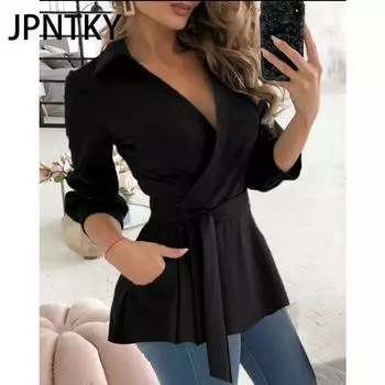 JPNTKY Женская мода осень-зима с длинным рукавом и V-образным вырезом повседневные платья S чёрный