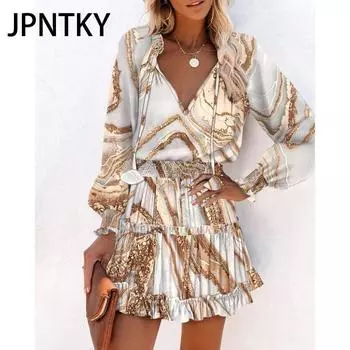 JPNTKY Женская мода осень-зима с длинным рукавом и V-образным вырезом повседневные платья S