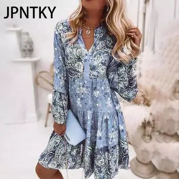 JPNTKY Женская мода осень-зима с длинным рукавом и цветочным принтом с V-образным вырезом Повседневные платья S розовый