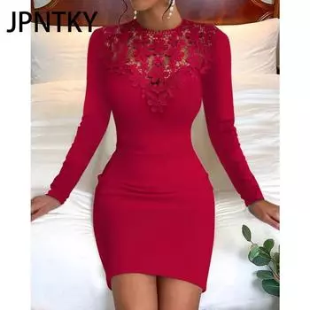 JPNTKY Женская мода осень-зима сплошной цвет печати с длинным рукавом и круглым вырезом с высокой талией повседневные платья S чёрный