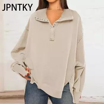 JPNTKY Женская мода повседневная однотонная принтованная толстовка с капюшоном и воротником-поло с длинным рукавом S