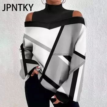 JPNTKY Женская мода Повседневная Осень Зима Длинный рукав Полуводолазка Свободные свитера S