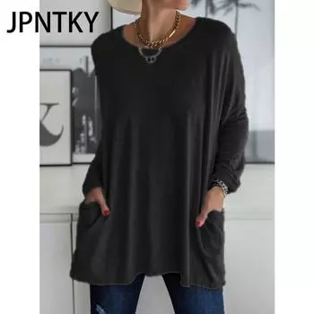 JPNTKY Женская мода Повседневная осень-зима Однотонные принты Длинные рукава О-образный вырез Блузки и рубашки S чёрный