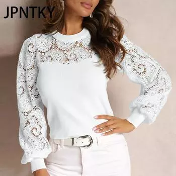 JPNTKY Женская мода Повседневная осень-зима Однотонные принты Длинные рукава О-образный вырез Блузки и рубашки S