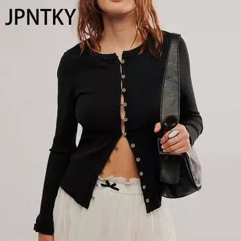JPNTKY Женская мода Повседневная осень-зима Однотонные принты Длинные рукава О-образный вырез Блузки и рубашки S