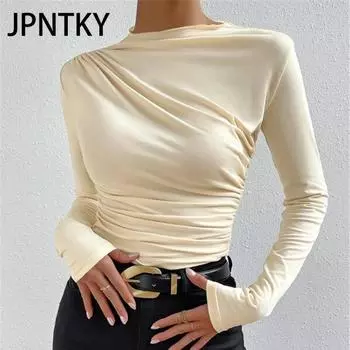 JPNTKY Женская мода Повседневная осень-зима Однотонные принты Длинные рукава О-образный вырез Блузки и рубашки XS абрикосовый