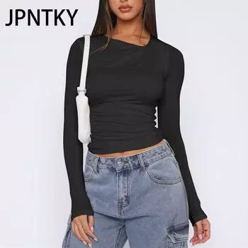 JPNTKY Женская мода Повседневная осень-зима Однотонные принты Длинные рукава О-образный вырез Блузки и рубашки S