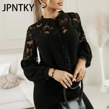 JPNTKY Женская мода Повседневная осень-зима Однотонные принты Длинные рукава Блузки и рубашки S чёрный