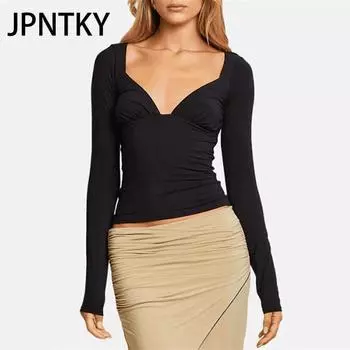 JPNTKY Женская мода повседневная осень-зима однотонные принты с коротким рукавом и V-образным вырезом блузки и рубашки S