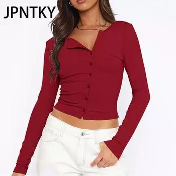 JPNTKY Женская мода Повседневная осень-зима Однотонные принты Длинные рукава V-образный вырез Блузки и рубашки S