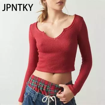 JPNTKY Женская мода Повседневная осень-зима Однотонные принты Длинные рукава V-образный вырез Блузки и рубашки S