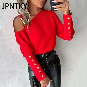 JPNTKY Женская мода Повседневная осень-зима Однотонные принты Длинные рукава Блузки и рубашки S чёрный