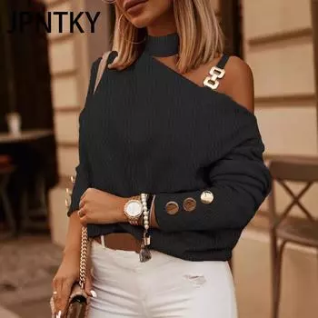 JPNTKY Женская мода Повседневная осень-зима Однотонные принты Длинные рукава Блузки и рубашки S чёрный