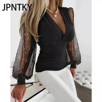 JPNTKY Женская мода Повседневная осень-зима Однотонные принты Длинные рукава V-образный вырез Блузки и рубашки S хаки