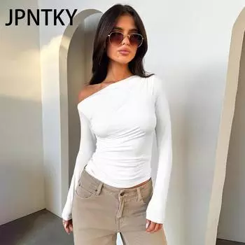 JPNTKY Женская мода повседневная осень-зима однотонные принты с длинным рукавом футболки и топы S чёрный