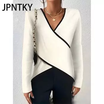 JPNTKY Женская мода Повседневная осень-зима Однотонные принты Длинные рукава V-образный вырез Блузки и рубашки S белый