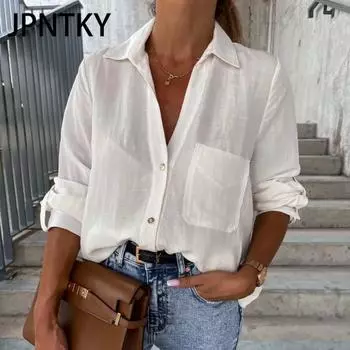 JPNTKY Женская мода Повседневная Осень Зима Однотонный Принт Длинный Рукав Воротник-ПОЛО Блузки и Рубашки S белый