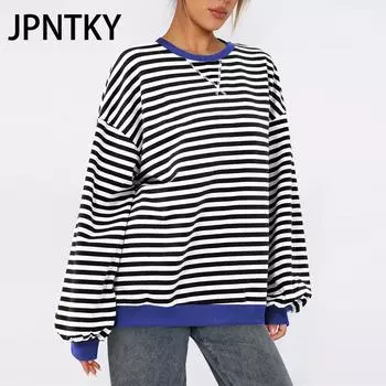 JPNTKY Женская мода повседневная осень-зима полосатый принт длинный рукав O-образный вырез толстовки и свитшоты S