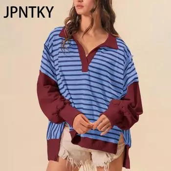 JPNTKY Женская мода повседневная осень-зима полосатый принт с длинным рукавом поло воротник футболки и топы с длинными рукавами S