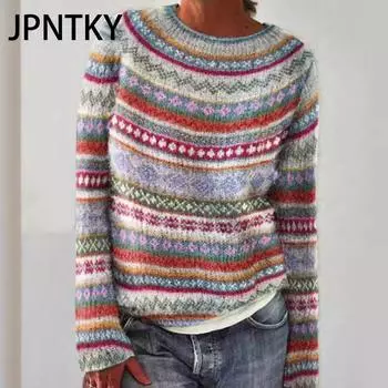JPNTKY Женская мода Повседневный Осень Зима Полосатый Принт Длинный Рукав О-Образный Вырез Свободные Свитера S